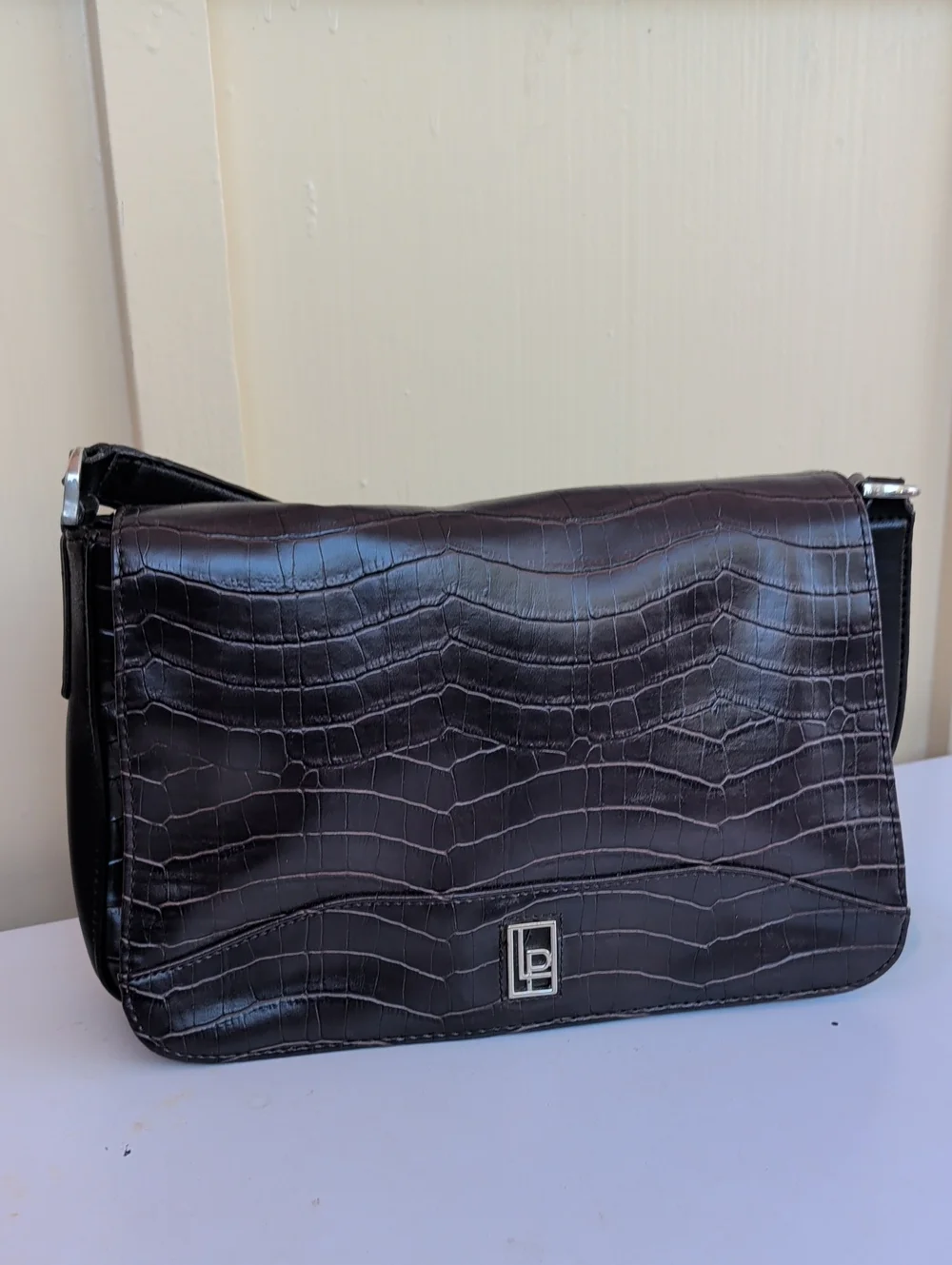 Croc-Embossed Leather Shoulder Bag in Dark Brown